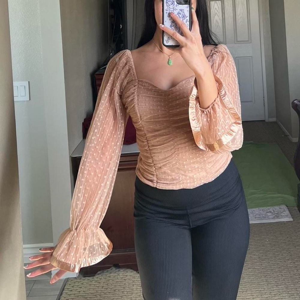 Beige Polka Dot Ruched Top